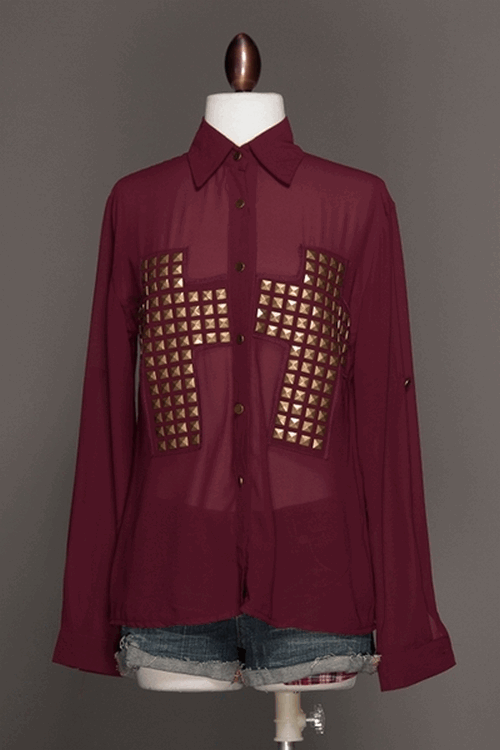 Embellished Cross Button Down Blouse
